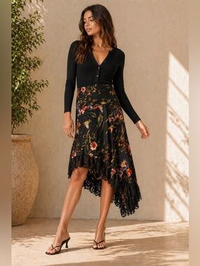 Fuzzi Italy Asymmetrical Mesh Floral Bird Midi Skirt Lace Hem Size L